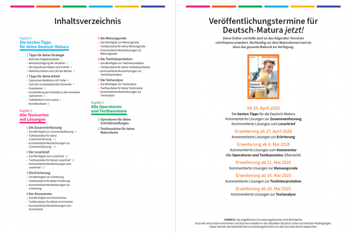Inhalt und Veröffentlichungsplan für Deutsch-Matura jetzt!
