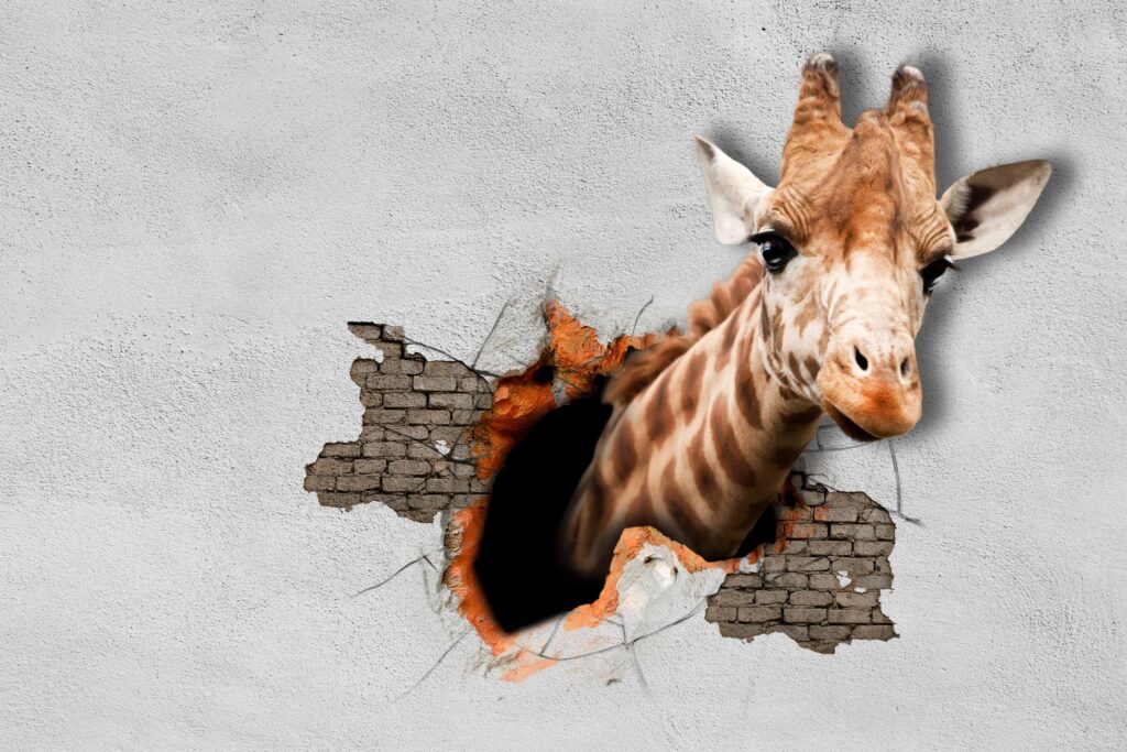 The giraffe pokes his head out of the wall. 3d rendering. Hölzel Journal | Officemanagement | Bilder und Grafiken bearbeiten | Foto: shutterstock.com